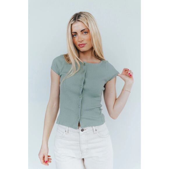 Intimately Free People Most Wanted Cardi rib knit button top short sleeve green - Picture 8 of 9